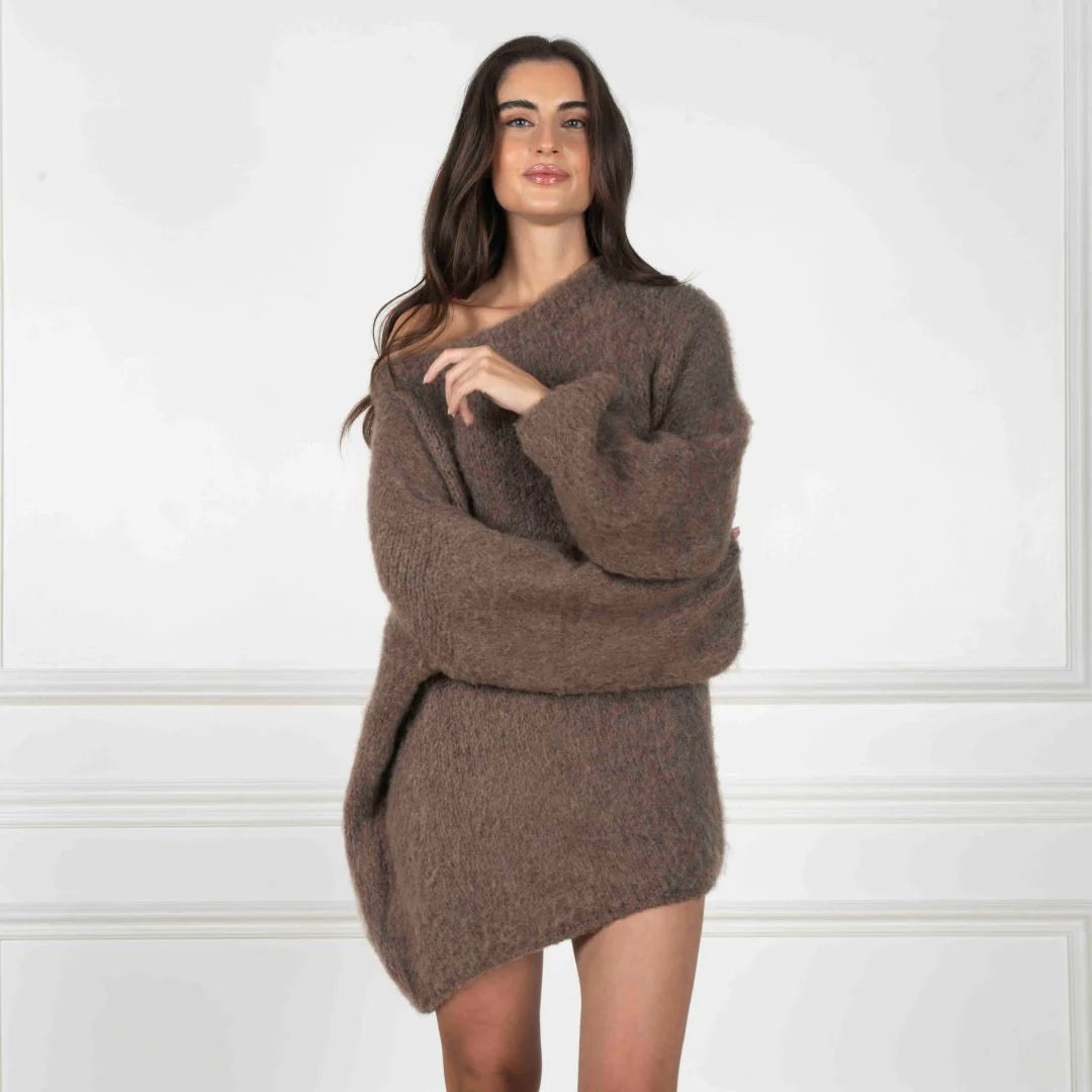 Elena - Vestido tipo suéter ultrasuave con hombros descubiertos