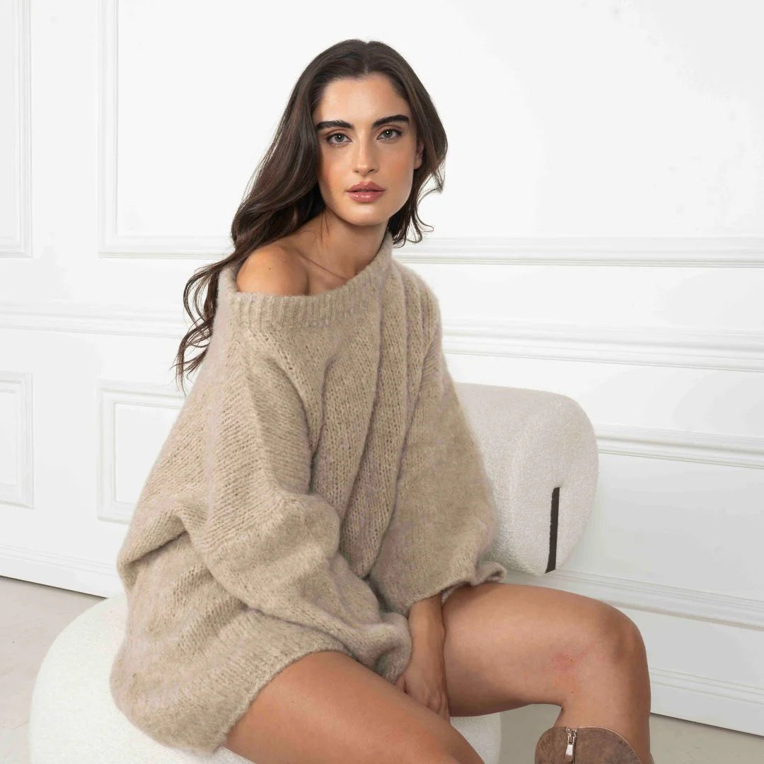 Elena - Vestido tipo suéter ultrasuave con hombros descubiertos