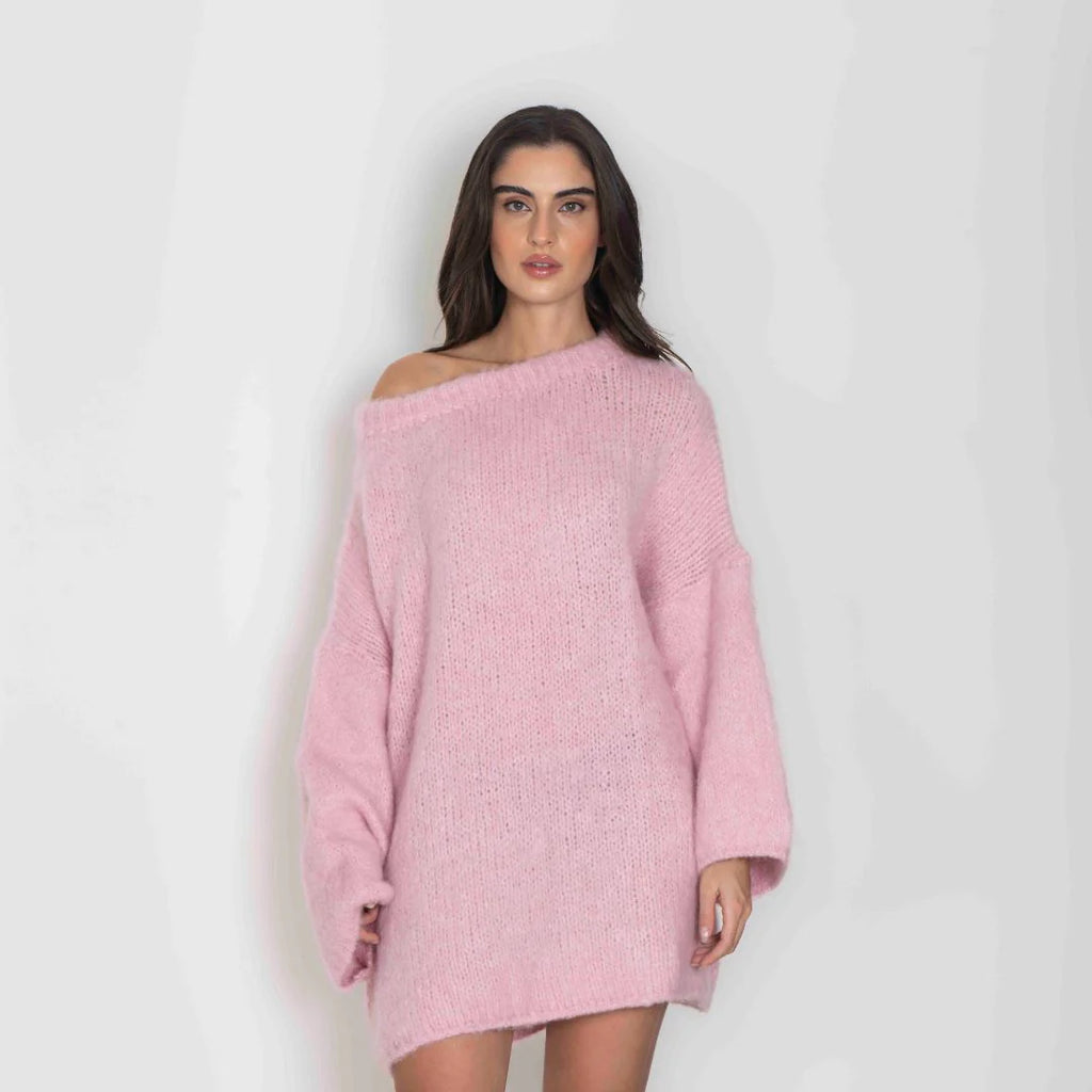 Elena - Vestido tipo suéter ultrasuave con hombros descubiertos