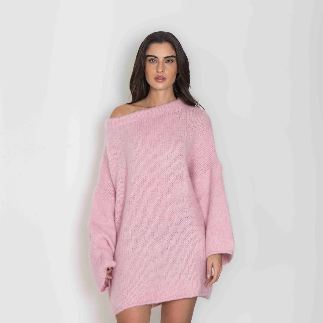 Elena - Vestido tipo suéter ultrasuave con hombros descubiertos