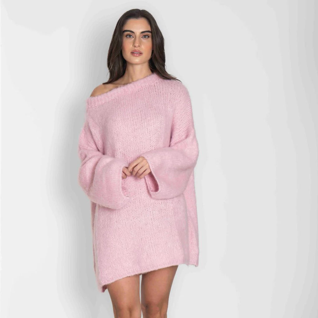 Elena - Vestido tipo suéter ultrasuave con hombros descubiertos