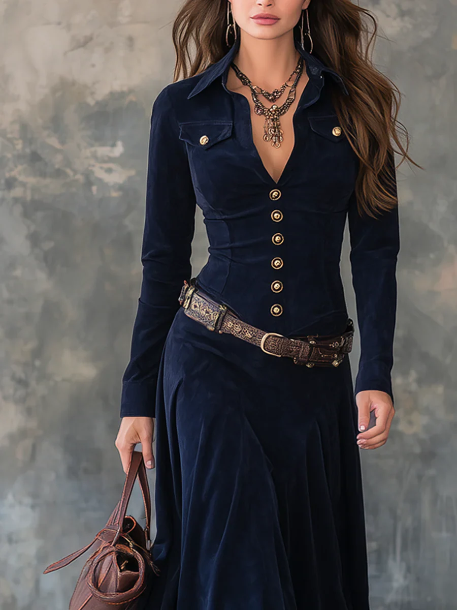 Candela I Vestido largo vintage de Poliéster con bolsillos de solapa (Incluye cinturón)